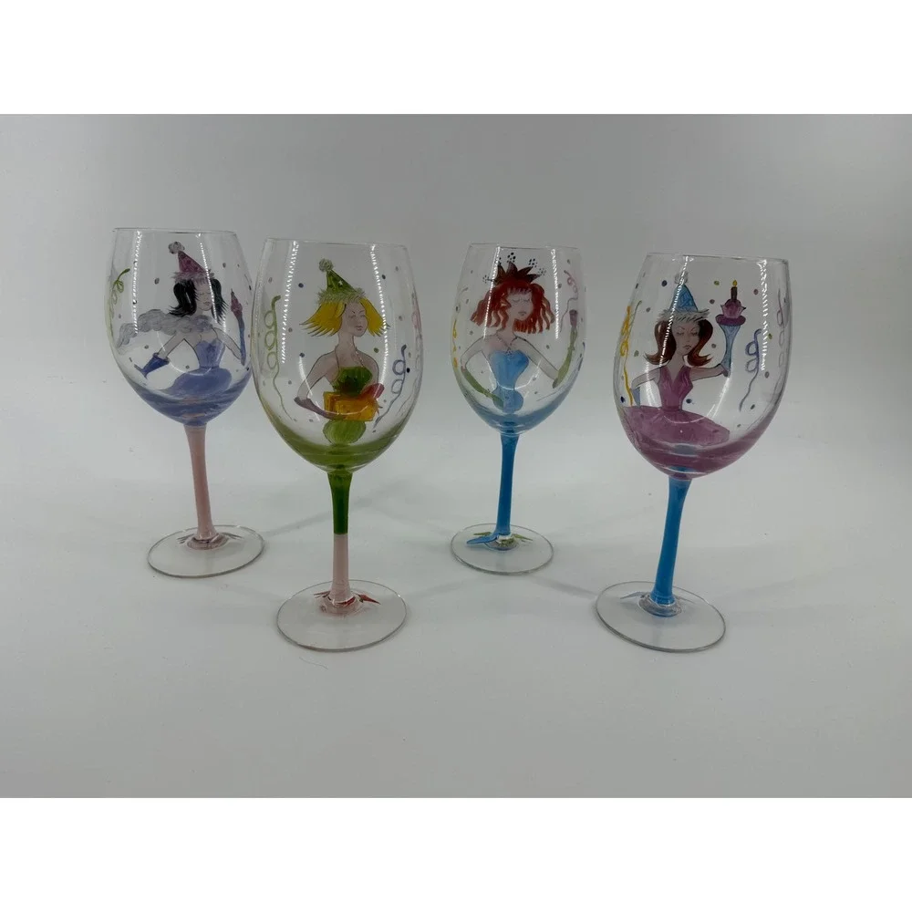 Whimsical Party Girls‎ Hand Painted Wine Glasses Set of 4 Colorful Stemware 9in